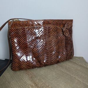 Vintage Leather Purse, Embossed Faux Snake Skin shoulder bag brown 1970s